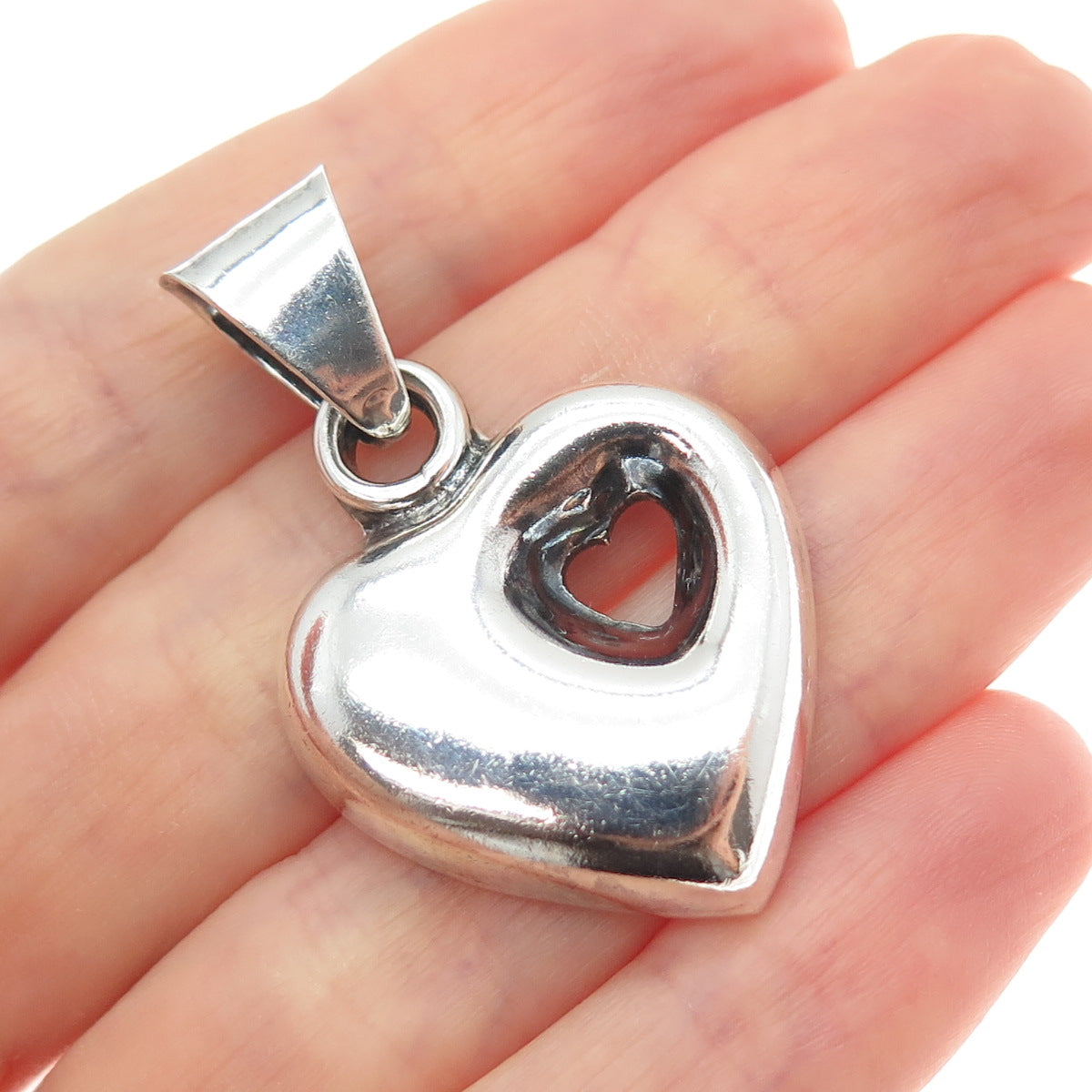 925 Sterling Silver Vintage Mexico Modernist Puffy Heart Oxidized Charm Pendant