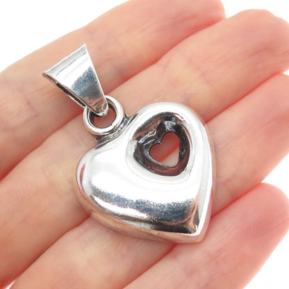 925 Sterling Silver Vintage Mexico Modernist Puffy Heart Oxidized Charm Pendant