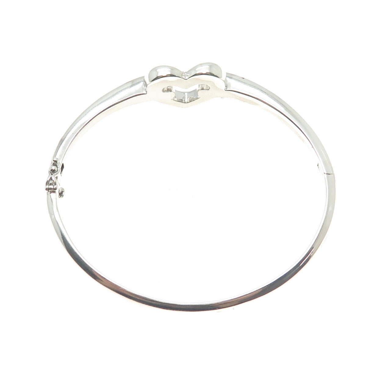 925 Sterling Silver Real Round-Cut Diamond Heart Bangle Bracelet 7.25"
