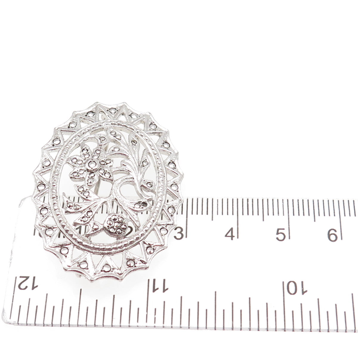 925 Sterling Silver Antique Art Deco Marcasite Flower Brooch (missing 1 stone)