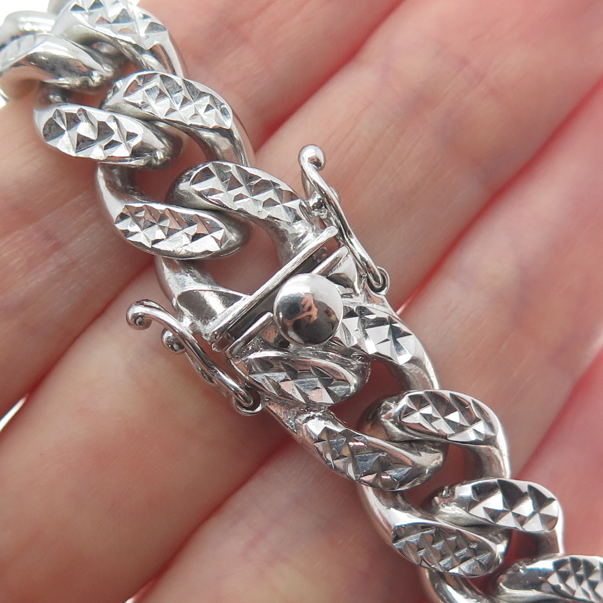925 Sterling Silver Italy Diamond-Cut Cuban Link Heavy 79.4g Bracelet 8.5"