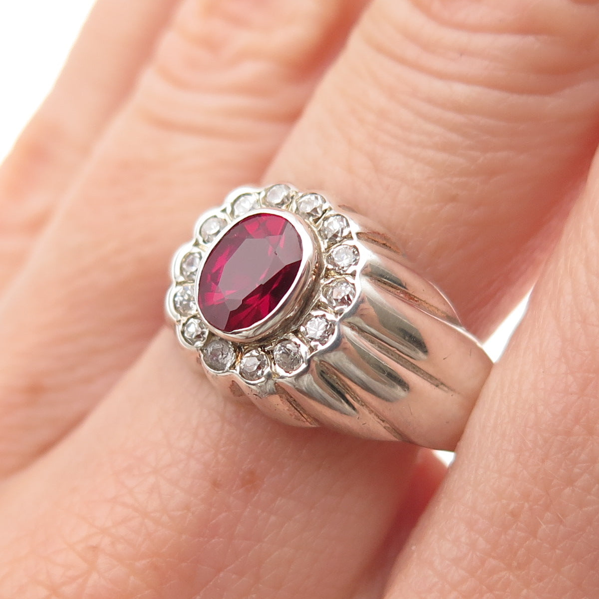 925 Sterling Silver Vintage Lab-Created Ruby & C Z Oxidized Ring Size 10