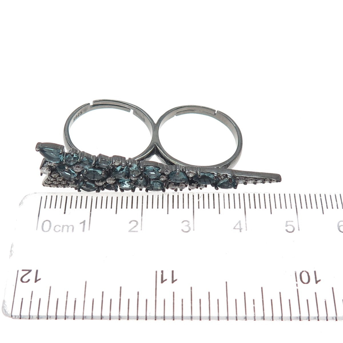 925 Sterling Black Rhodium Real Apatite & C Z Adjustable Two Finger Ring Size 6