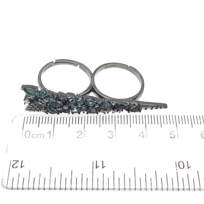 925 Sterling Black Rhodium Real Apatite & C Z Adjustable Two Finger Ring Size 6