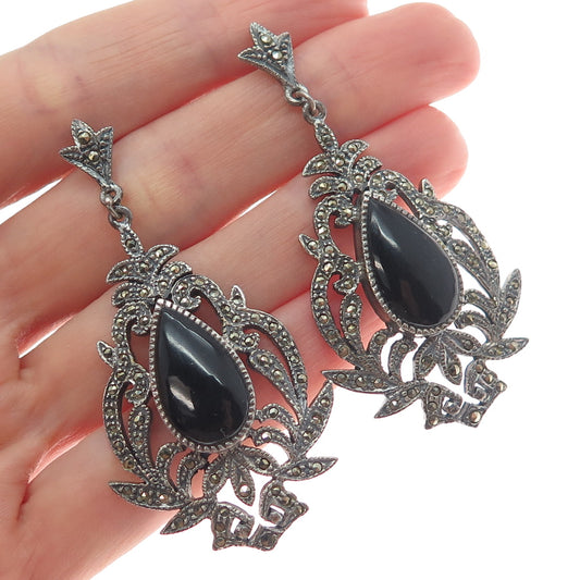 925 Sterling Silver Vintage Real Black Onyx & Marcasite Floral Dangle Earrings