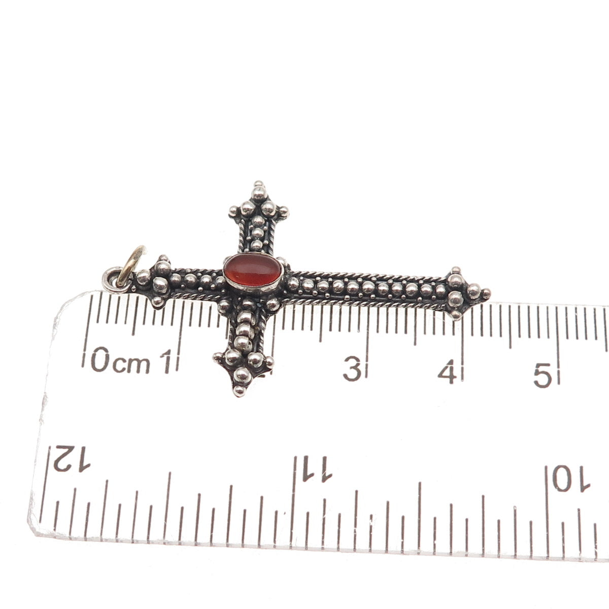 925 Sterling Silver Vintage Real Carnelian Beaded Cross Oxidized Charm Pendant
