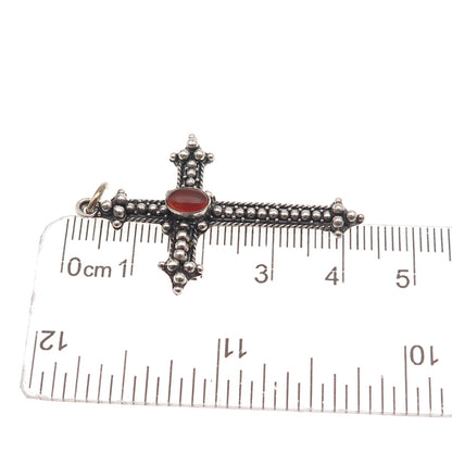 925 Sterling Silver Vintage Real Carnelian Beaded Cross Oxidized Charm Pendant