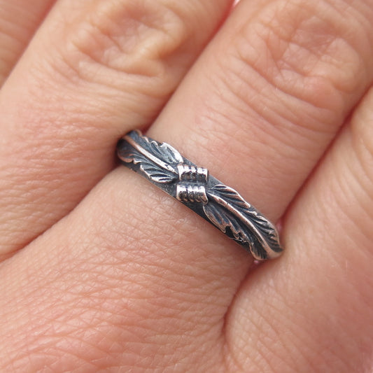 Old Pawn 925 Sterling Silver Vintage Feather Oxidized Tribal Band Ring Size 9