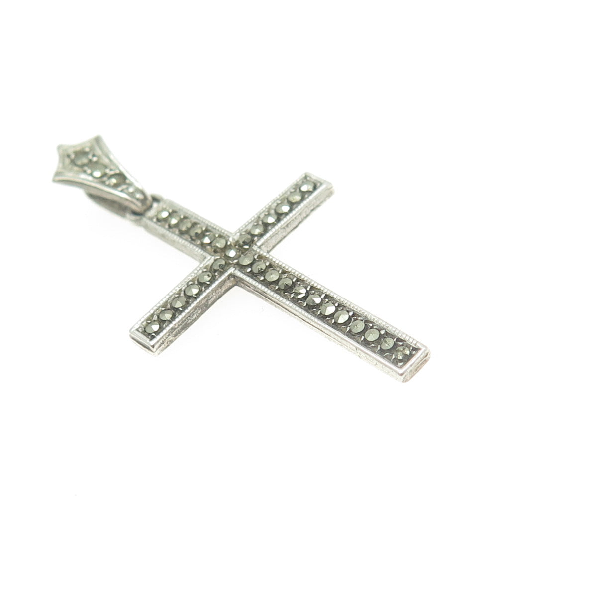 925 Sterling Silver Antique Art Deco Real Marcasite Gemstone Cross Pendant