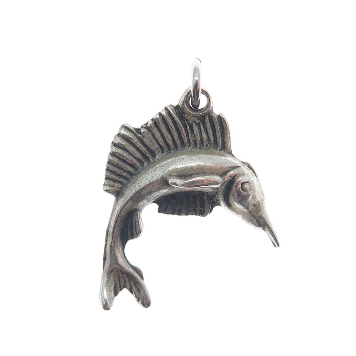 WELLS 925 Sterling Silver Vintage Swordfish Oxidized 3D Charm Pendant
