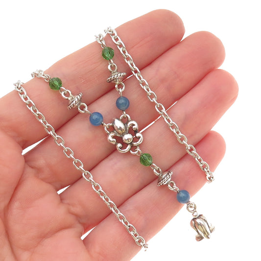 925 Sterling Silver Vintage Multi-Color Glass Fleur de Lis Chain Necklace 16-18"