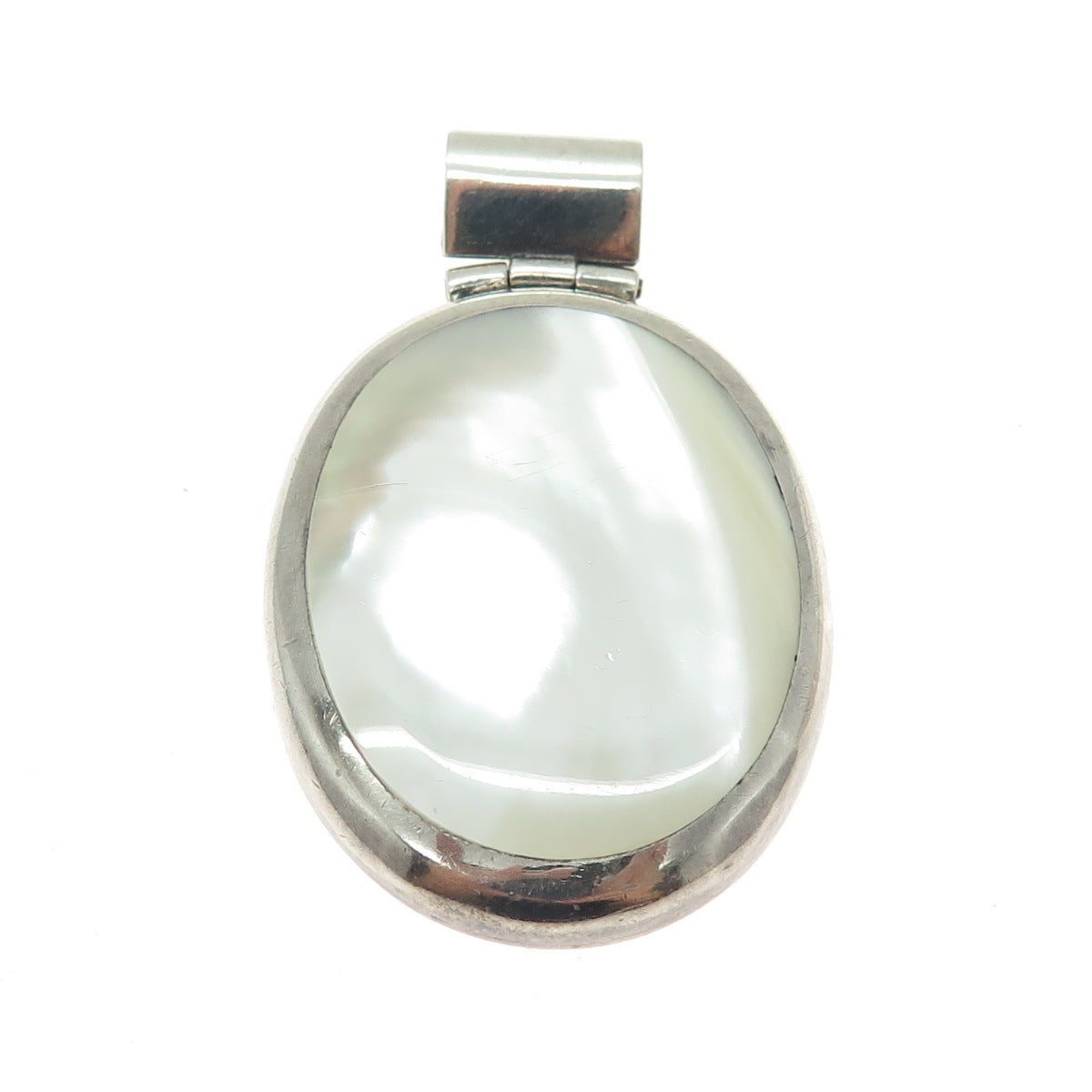 ATI 925 Sterling Silver Vintage Mexico Real Mother-of-Pearl Oval Slide Pendant