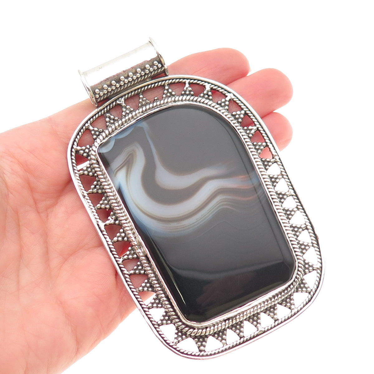 925 Sterling Silver Vintage Real Agate Granulated Heavy 91.8g Pendant