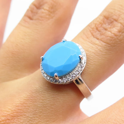 925 Sterling Silver Faux Turquoise & C Z Adjustable Ring Size 5.5