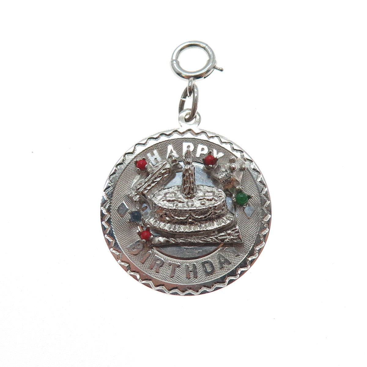 ELCO Sterling Silver Vintage Rhinestone Happy Birthday Cake Spring Ring Pendant