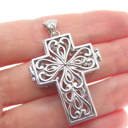 925 Sterling Silver Vintage Heart Ornate Cross Locket Pendant