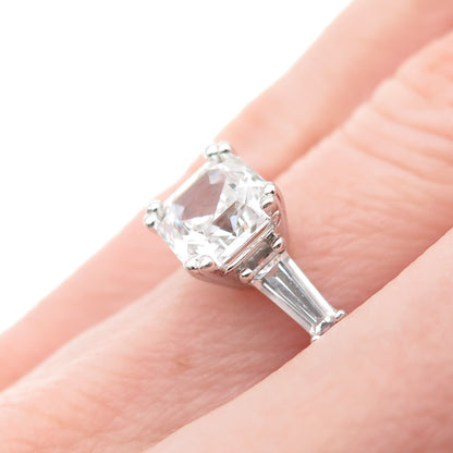 925 Sterling Silver Asscher & Tapered Baguette-Cut C Z Engagement Ring Size 5.25