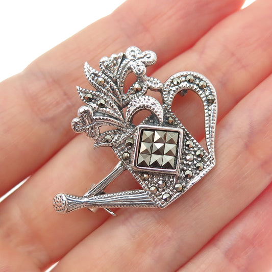 925 Sterling Silver Vintage Real Marcasite Watering Can Oxidized Brooch Pendant