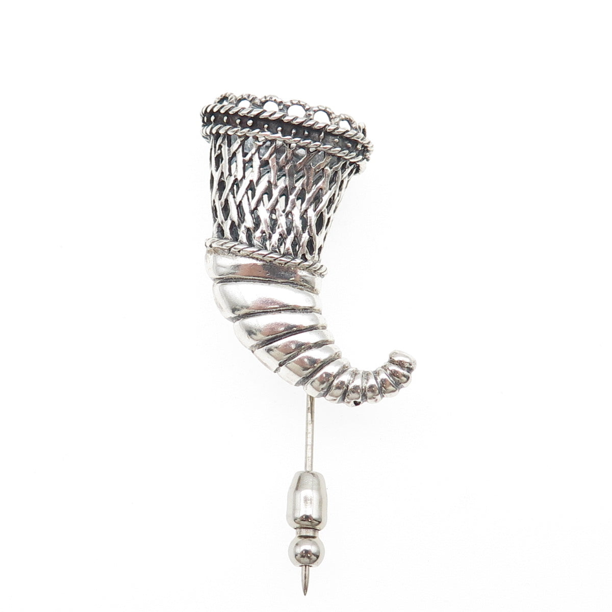925 Sterling Silver Vintage Horn of Plenty Oxidized Lapel Pin