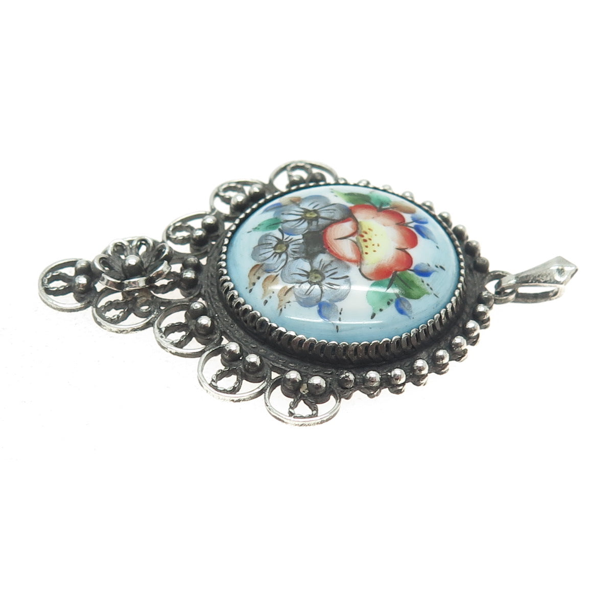 800 Silver Antique Art Deco Colorful Glass Flower Oxidized Pendant