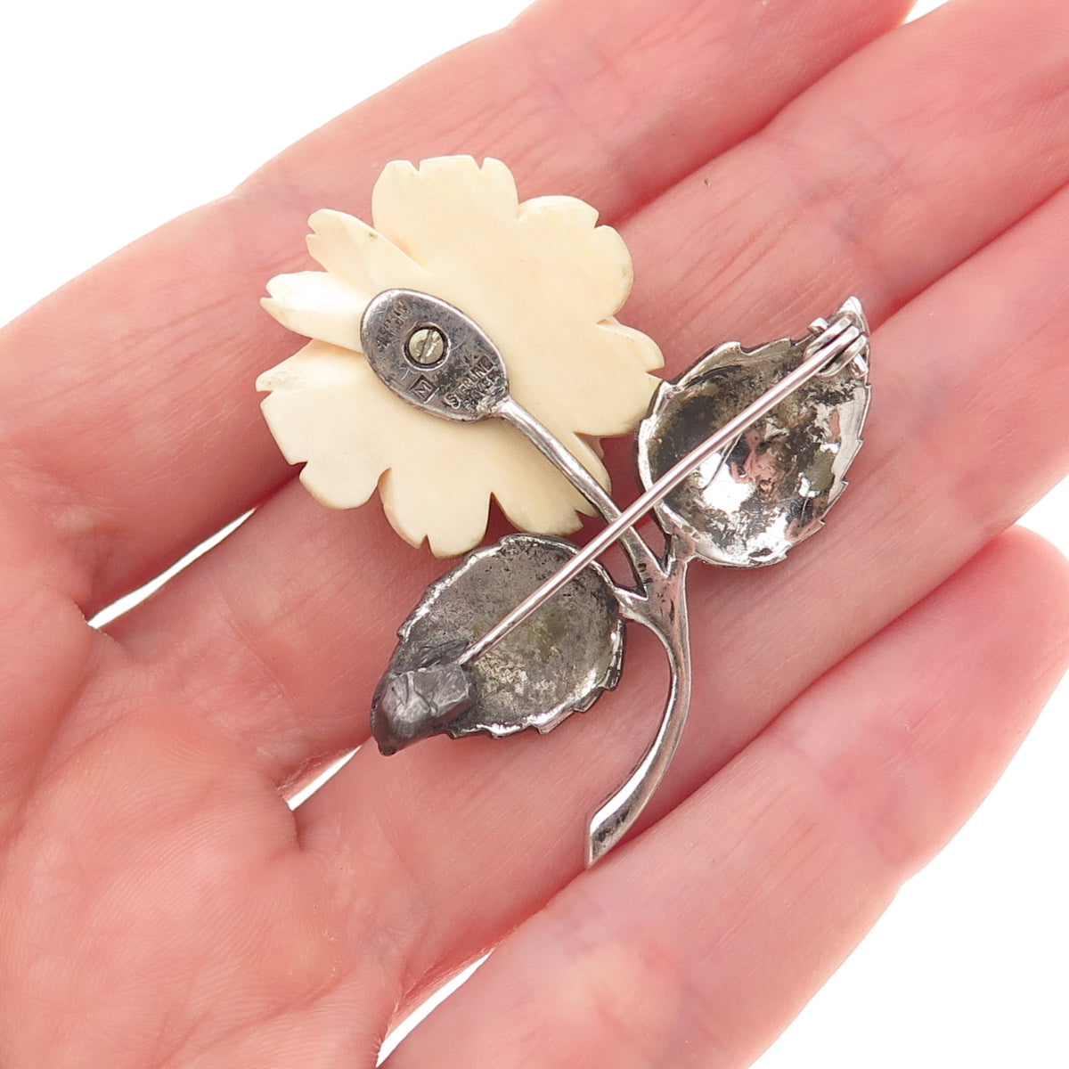 925 Sterling Silver Antique Art Deco Germany Real Marcasite Rose Pin Brooch