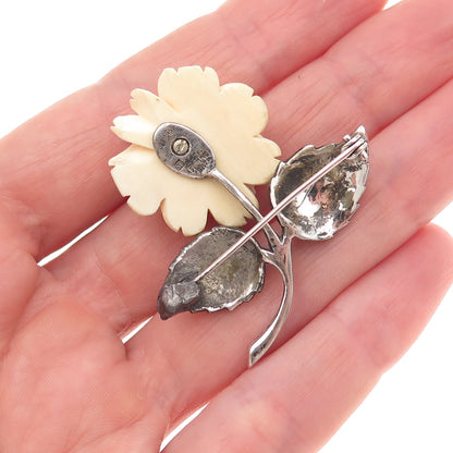 925 Sterling Silver Antique Art Deco Germany Real Marcasite Rose Pin Brooch