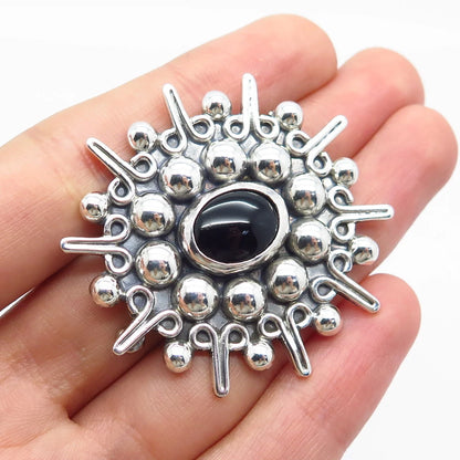 925 Sterling Silver Vintage Mexico Carsi Black Onyx Gem Beaded Brooch / Pendant