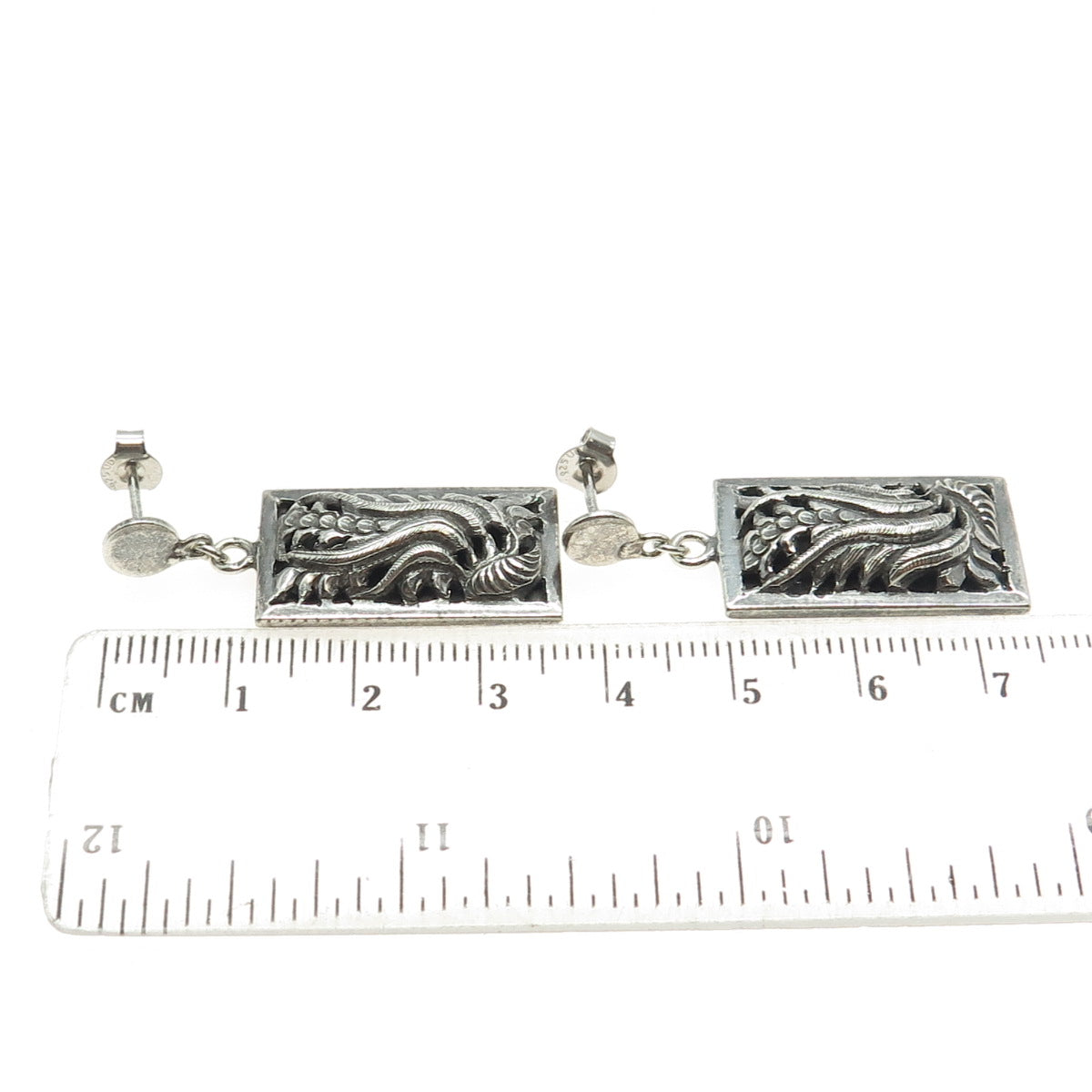 925 Sterling Silver Antique Art Deco Feather Pattern Oxidized Earrings