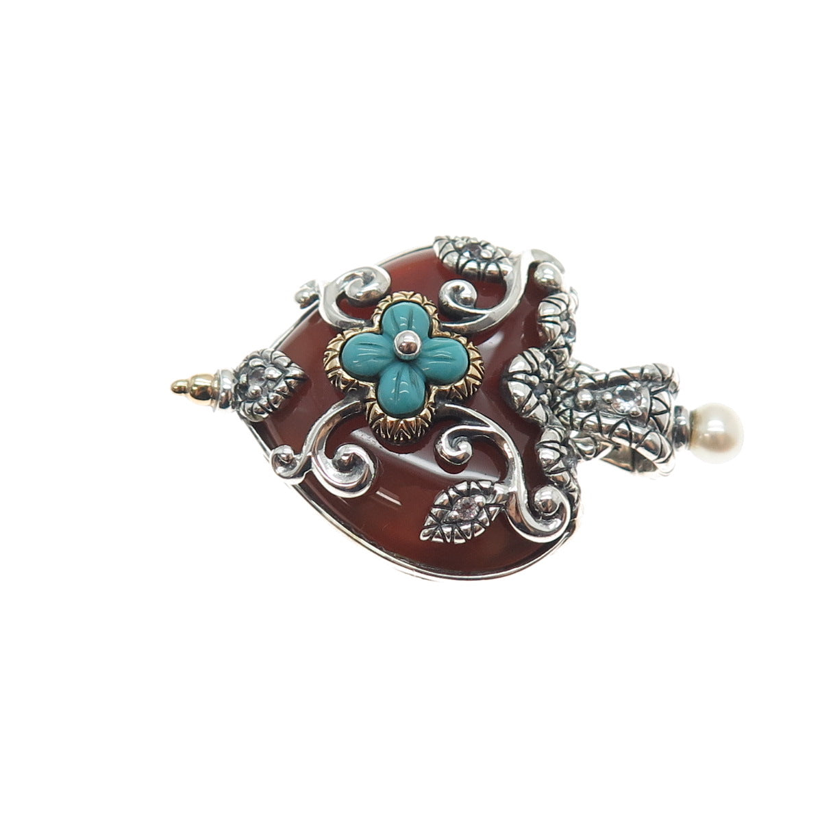 BARBARA BIXBY Sterling 18K Gold Carnelian Topaz Turquoise & Pearl Heart Pendant