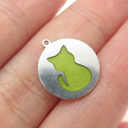 Tokemoti 925 Sterling Silver Green Enamel Cat Round Tag Minimalist Pendant