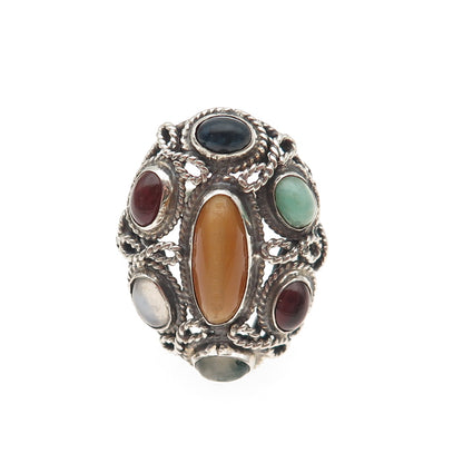 925 Sterling Vintage Tiger Eye Agate Garnet Moonstone & Amazonite Ring Size 9.25