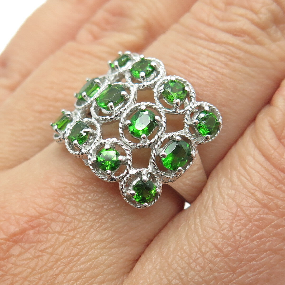 LOTUS 925 Sterling Silver Real Peridot Gem Twisted Accent Square Ring Size 7.25