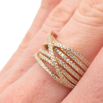 925 Sterling Silver Gold Plated Round-Cut C Z Crisscross Ring Size 6.25