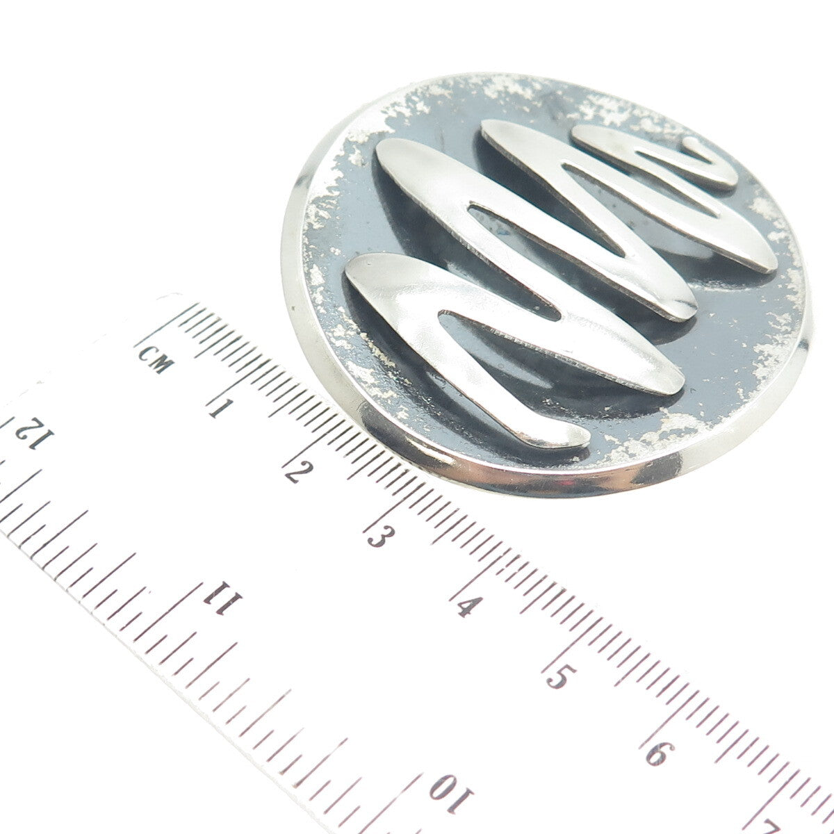 925 Sterling Silver Vintage Mexico Modernist Zig-Zag Round Pin Brooch