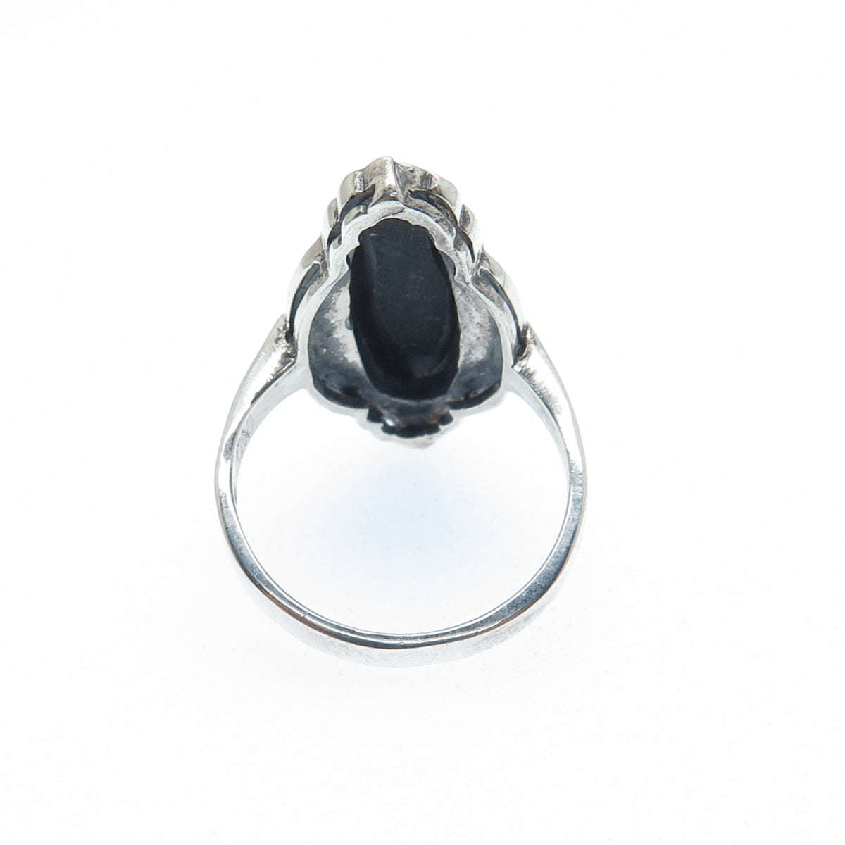 CHAPAL ZENRAY 925 Sterling Silver Vintage Real Black Onyx Marcasite Ring Size 8