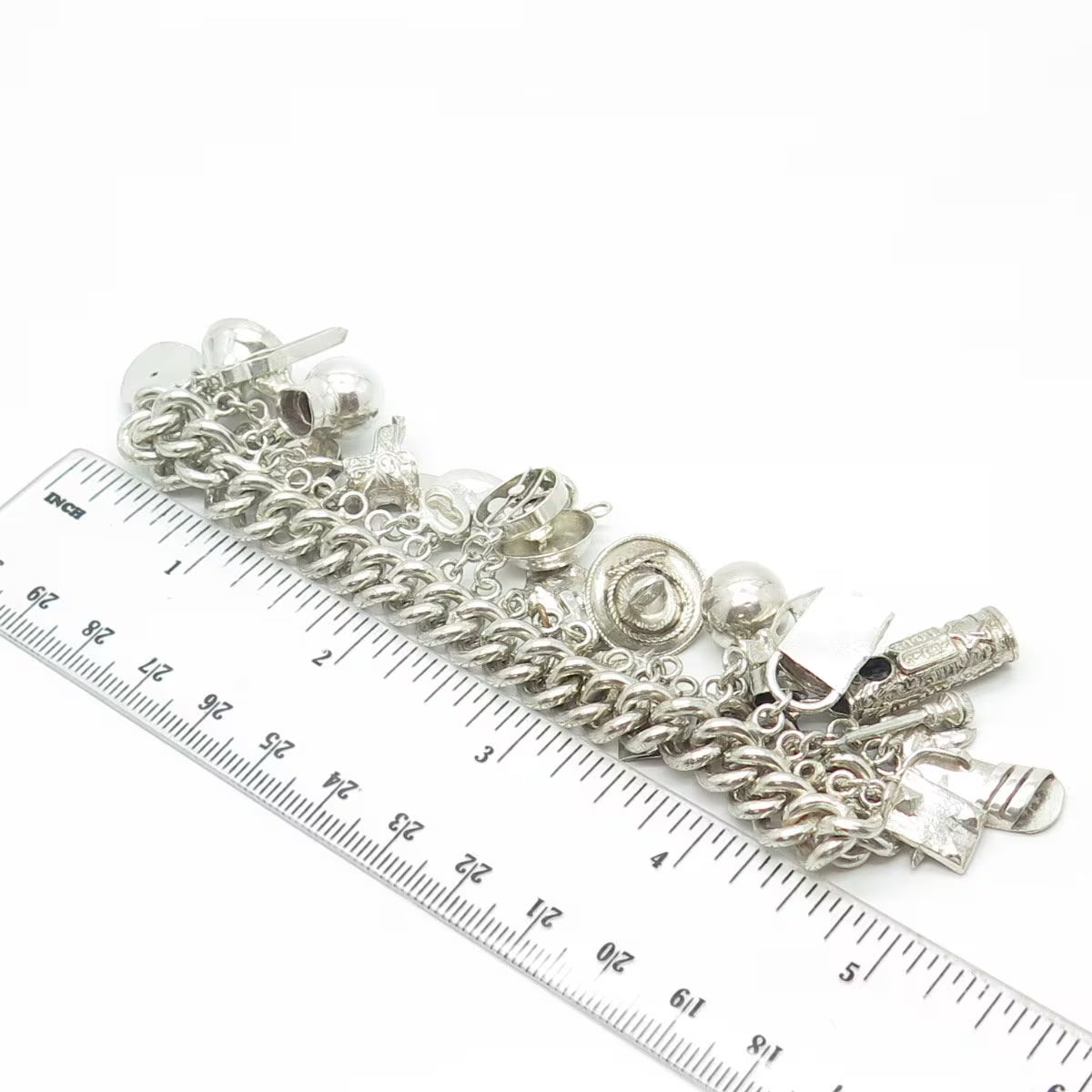 925 Sterling Silver Antique Art Deco Mexico Assorted Charms Heavy Bracelet 6.75"