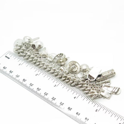 925 Sterling Silver Antique Art Deco Mexico Assorted Charms Heavy Bracelet 6.75"