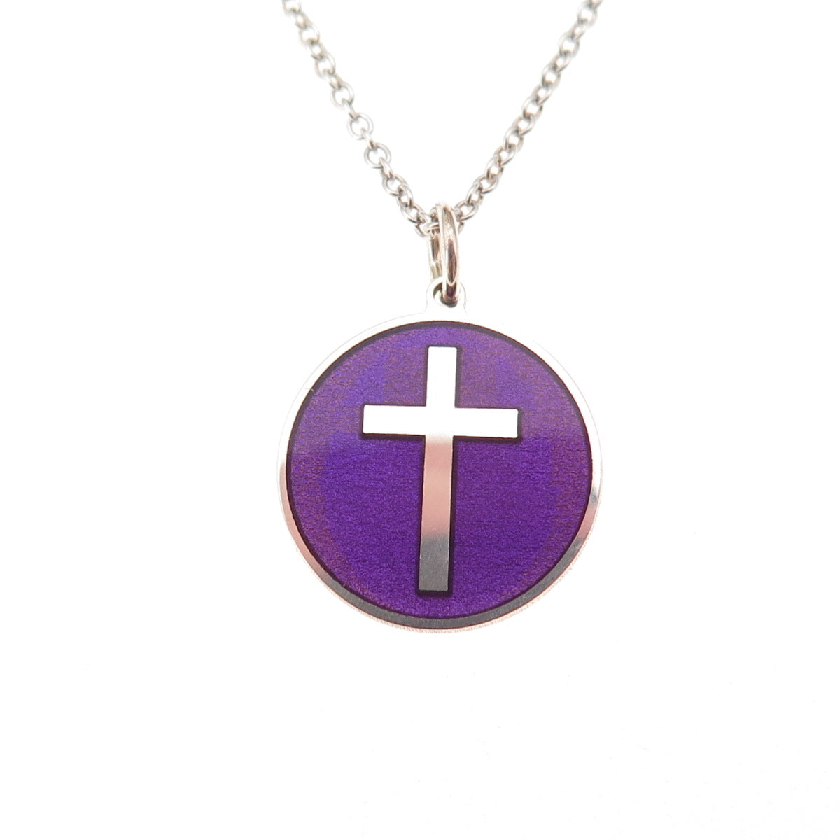 925 Sterling Silver Purple Enamel Cross Cable Chain Necklace 18"