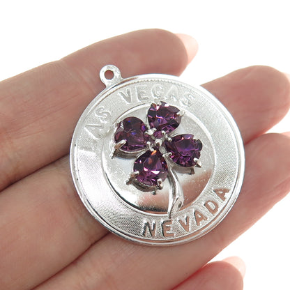 M&M 925 Sterling Silver Vintage Real Amethyst Las Vegas NV Clover Round Pendant