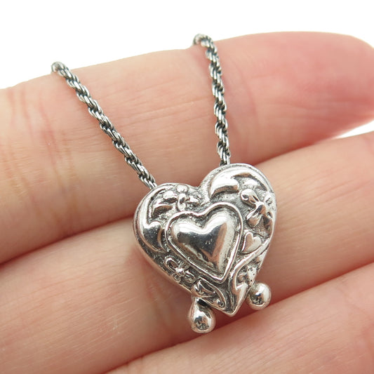 HUGHES 925 Sterling Silver Vintage Heart Bolo Adjustable Chain Necklace 14-18"