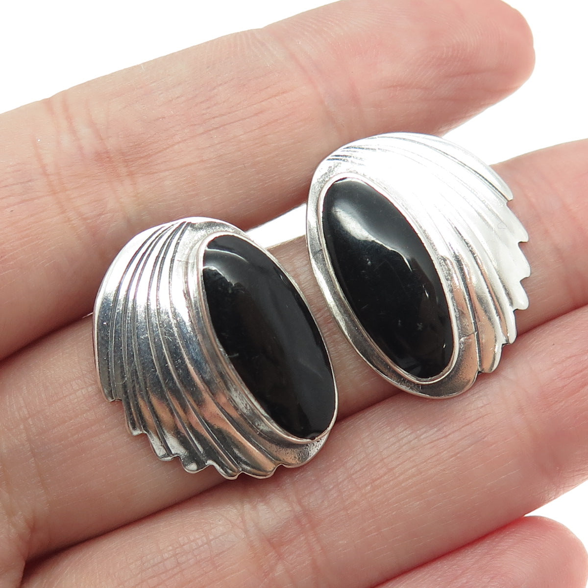 Old Pawn 925 Sterling Silver Vintage Southwestern Black Onyx Bird Wing Earrings