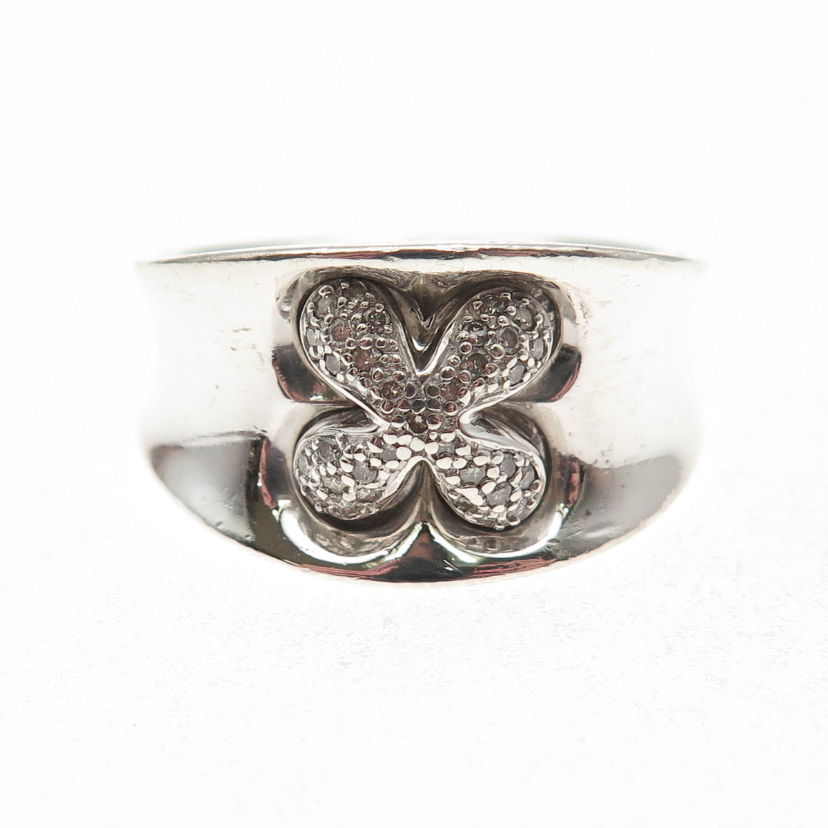 CNA Pranda 925 Sterling Silver Real Round-Cut Diamond Floral Ring Size 10