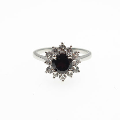 925 Sterling Silver Real Round-Cut Red Garnet & C Z Ring Size 9