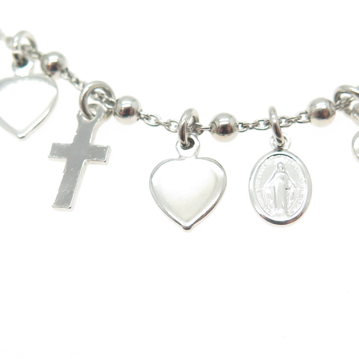 HAN 925 Sterling Silver Italy St. Regina Cross Heart Charms Bracelet 7.75"