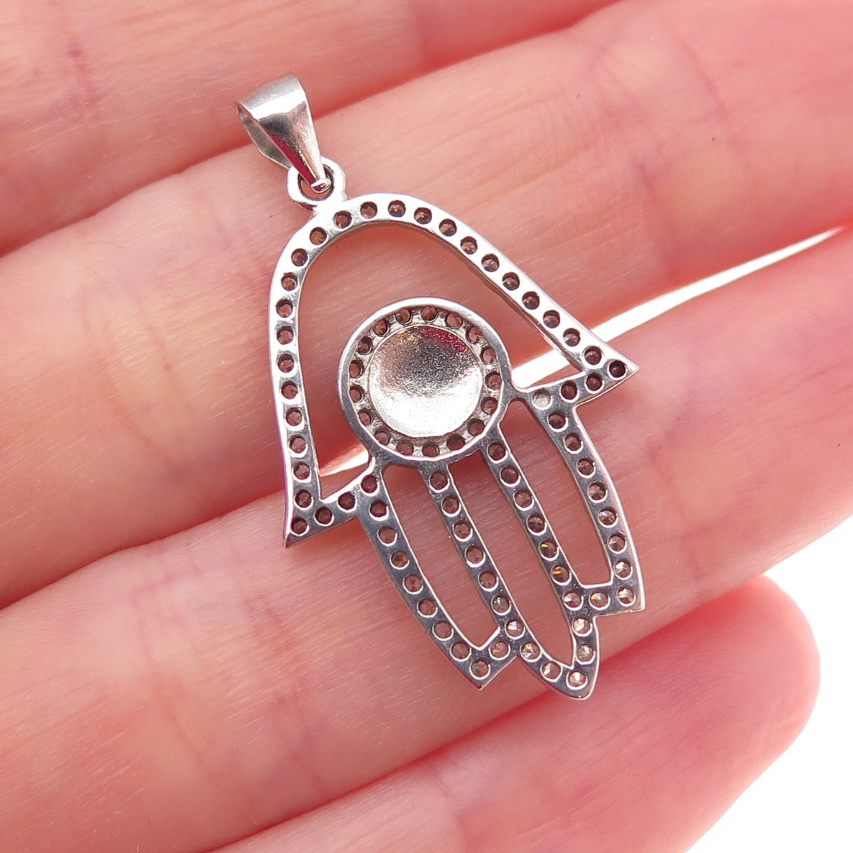 925 Sterling Silver Enamel & C Z Evil Eye Hamsa Amulet Charm Pendant