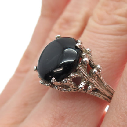925 Sterling Silver Vintage Real Black Onyx Modernist Oxidized Ring Size 7.25