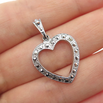 THEDA 925 Sterling Silver Antique Art Deco Real Marcasite Heart Charm Pendant