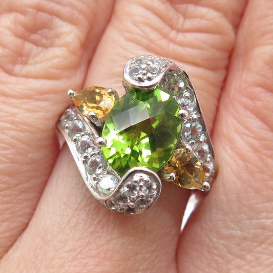 925 Sterling Silver Real Light Blue Topaz Peridot & Citrine Ring Size 7.25