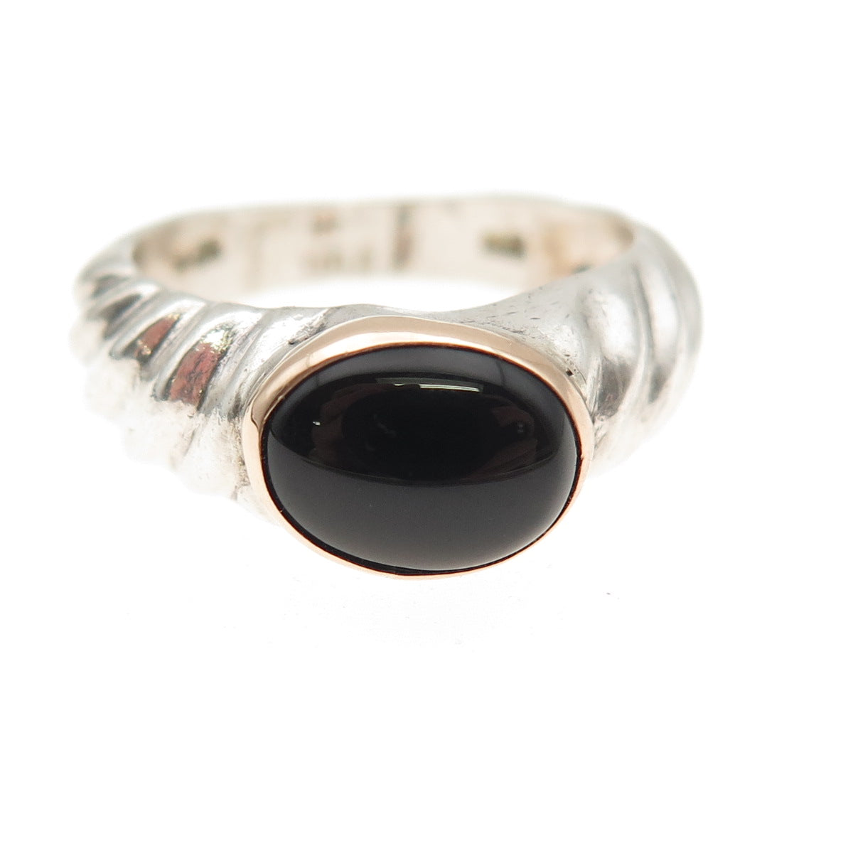 925 Sterling Silver 14K Gold Vintage Real Black Onyx Modernist Ring Size 6.25