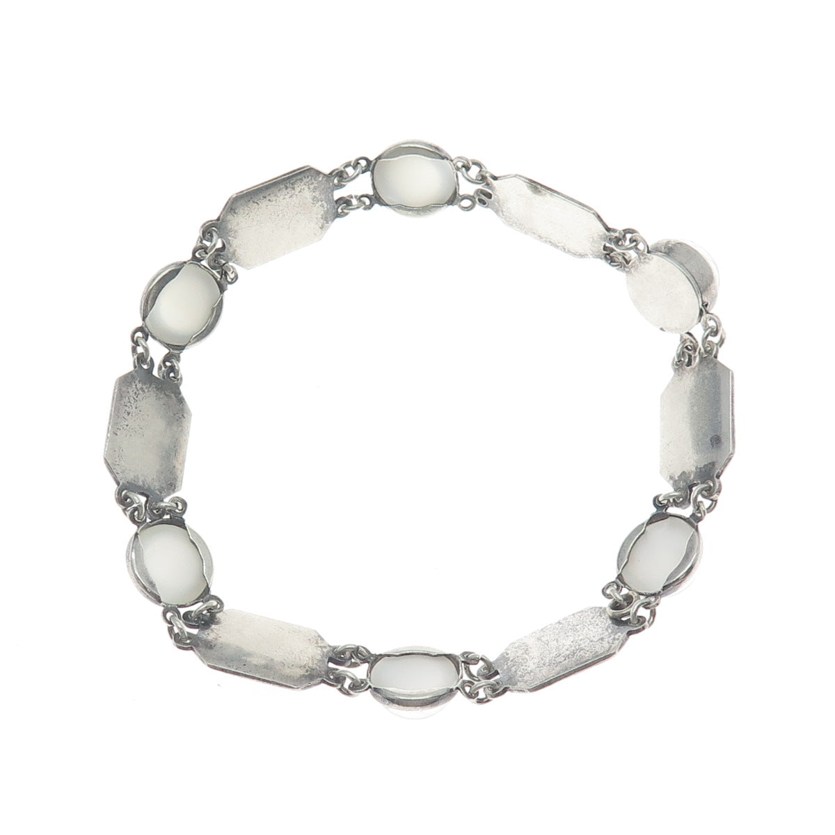 925 Sterling Silver Antique Real Opalite & Enamel Bracelet 7.75" (repair)